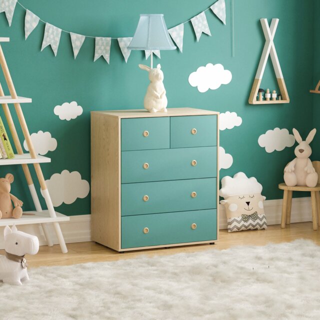 Vida Designs Neptune 5 Drawer Chest of Drawers Bedroom Storage, Blue & Oak