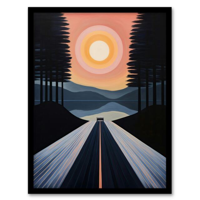 Into Sunset Orange Pink Futuristic sunrise Black Framed Wall Art Print A4