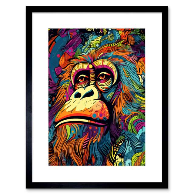 "Majestic Orangutan Great Ape Colourful Psychedelic 9x7"" Black Framed Wall Art Print"