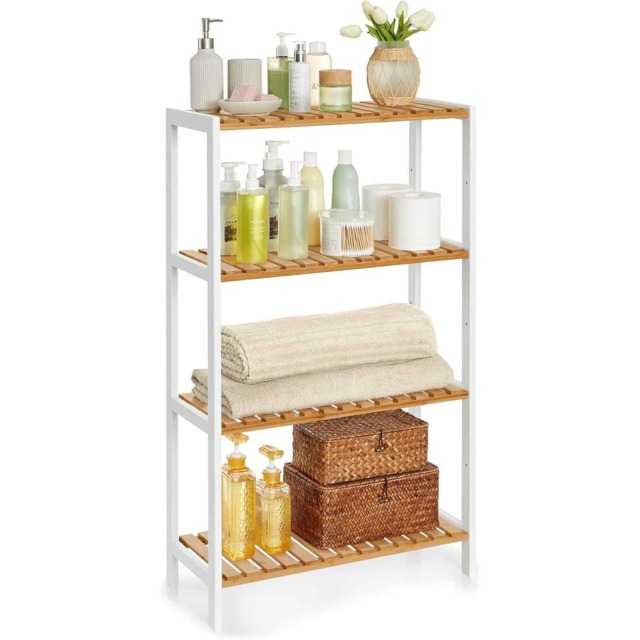 4 Tier Bamboo Storage Shelf, Freestanding Shelving Unit for Bathroom, Kitchen, Hallway or Living Room, White and Natural