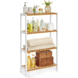 4 Tier Bamboo Storage Shelf, Freestanding Shelving Unit for Bathroom, Kitchen, Hallway or Living Room, White and Natural