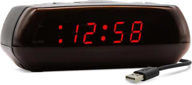 Acctim Miramar Digital Alarm Clock USB Mains Powered with Battery Backup Red LED Bedside Alarm Clock