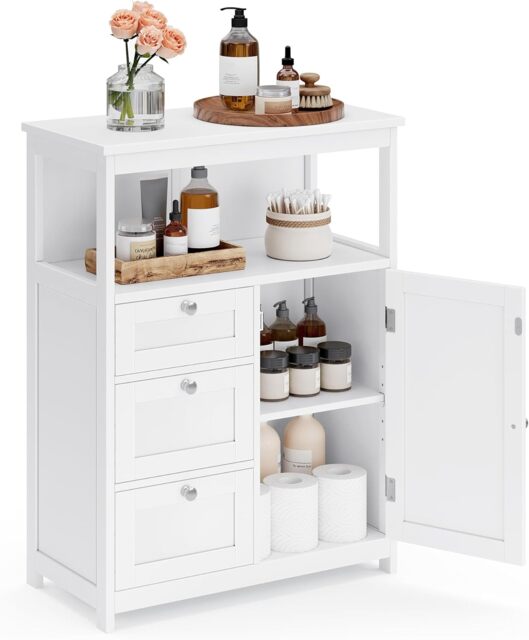 Bathroom Storage Cabinet with 3 Drawers and Adjustable Shelf, Freestanding Floor Unit, Cloud White