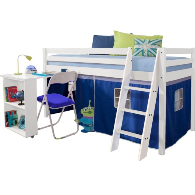 Moro Cabin Bed Midsleeper with Pullout Desk & Brilliant Blue Tent in Classic White