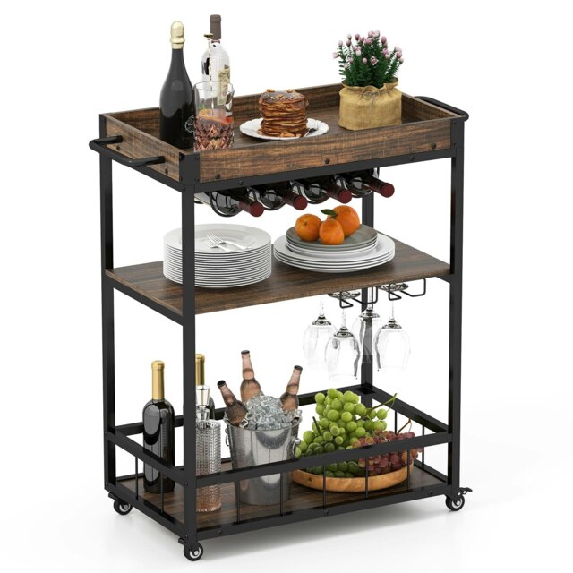 COSTWAY Home Bar Cart on Wheels Kitchen Serving Cart