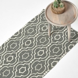 Homescapes Riga Grey and White Cotton Printed Patterned Hall Runner - 66 x 200 cm Grey Grey and white