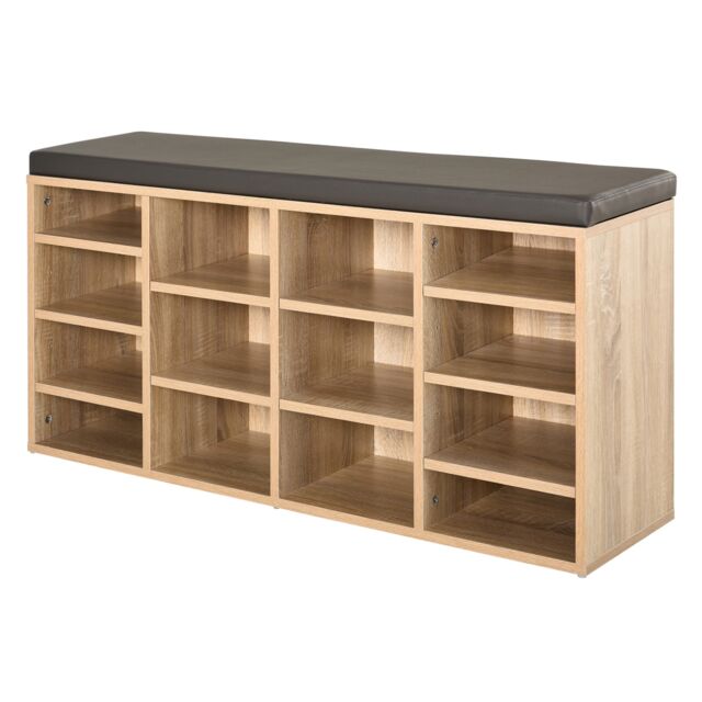 HOMCOM Multi-Storage Shoe Rack 14 Compartments Cushion Moving Shelves Home Brown Brown Natural