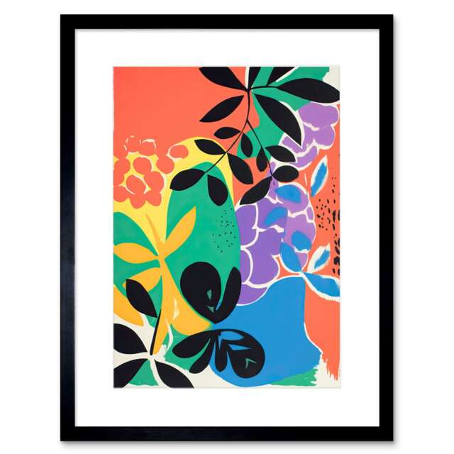 "Matisse Plant Shapes Abstract Bright Colourful 9x7"" Black Framed Wall Art Print"
