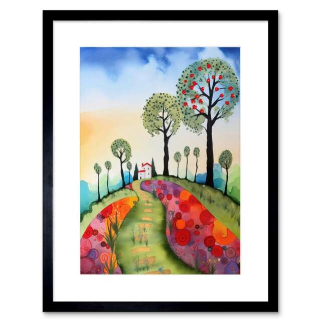 "Countryside House Path Flower Beds Folk Art Landscape 9x7"" Black Framed Wall Art Print"