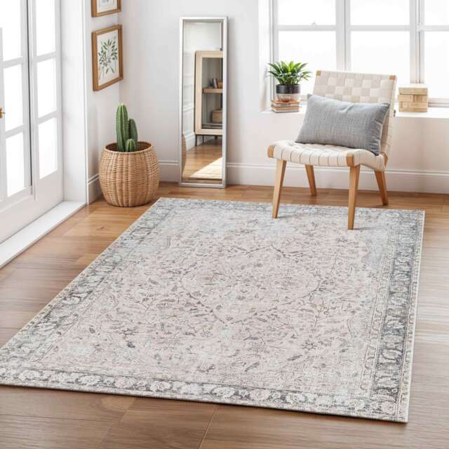 LIVABLISS Amelie-Washable Traditional Vintage Boho Rug 200 x 275 cm Grey Pink