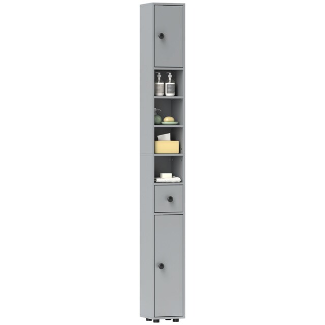 kleankin Slim Bathroom Cabinet w/ Open Shelves and 2 Door Cupboards, Grey Grey