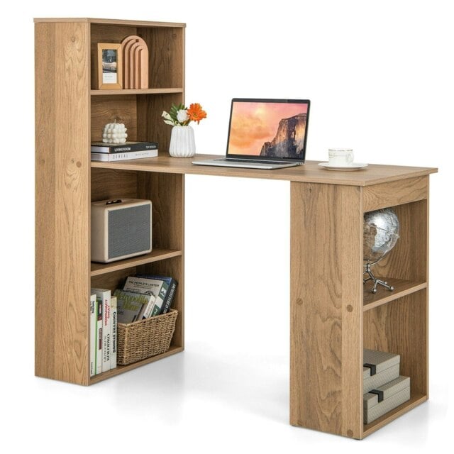 COSTWAY Computer Desk Workstation 6-Tier Storage Shelves Natural Multi