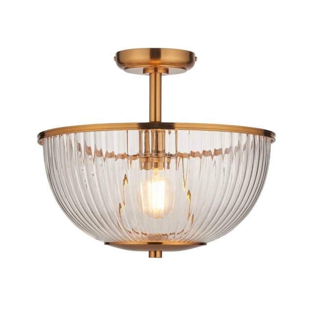 Somerset Bowl Semi Flush Ceiling Light Vintage Brass Finish & Clear Ribbed Glass E27