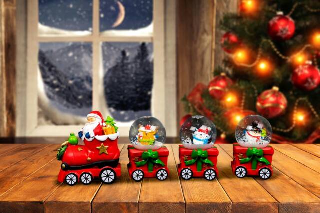 Christmas Snowglobe Train Set of 3pcs Gift Box Train Carriages & Engine Hand Painted Snowman Santa Reindeer Penguine