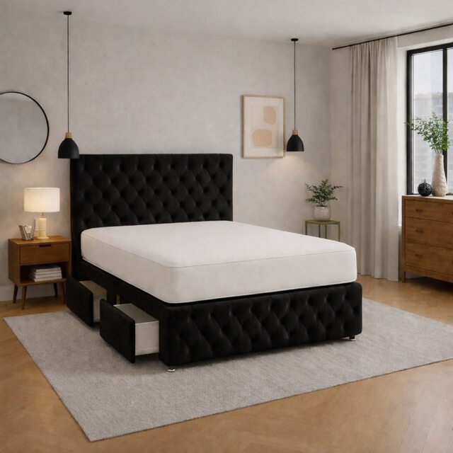 Chesterfield Single 3ft Black Plush divan bed with headboard and mattress storage No Drawers