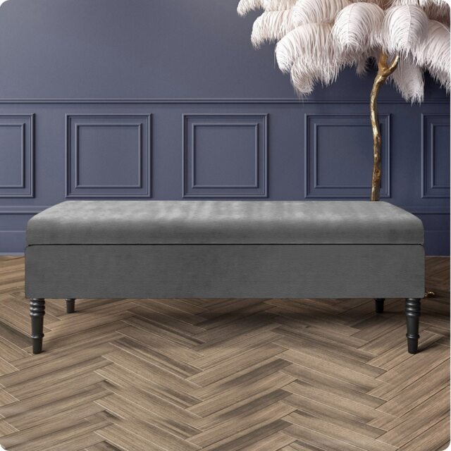 137cm Safar Plain Ottoman Storage Bench -Naples Shoes Bench with Black Turned Wooden Legs - Dark Grey Upholstery Footstool Storage