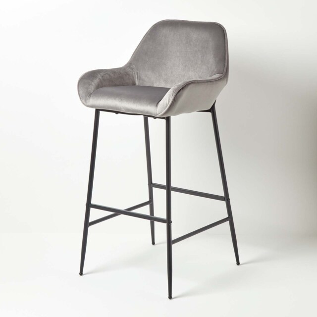 Homescapes Eton Velvet Bar Stool Silver Grey Grey H 103 cm x W 34 cm. Seat height 77cm