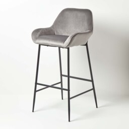 Homescapes Eton Velvet Bar Stool Silver Grey Grey H 103 cm x W 34 cm. Seat height 77cm