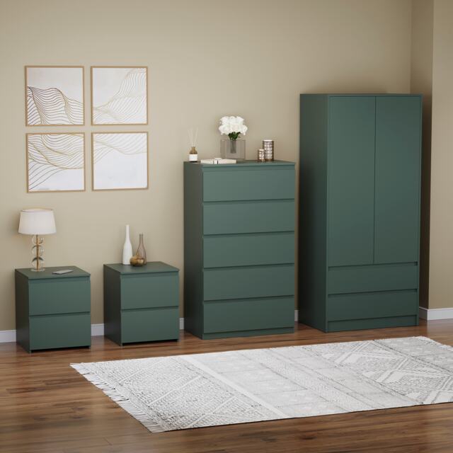 Vida Designs Denver 4 Piece Bedroom Set (2 Drawer Large Bedside Chest, 5 Drawer Chest, 2 Door 2 Drawer Wardrobe), Green Green Green L 4