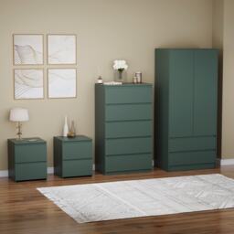 Vida Designs Denver 4 Piece Bedroom Set (2 Drawer Large Bedside Chest, 5 Drawer Chest, 2 Door 2 Drawer Wardrobe), Green Green Green L 4