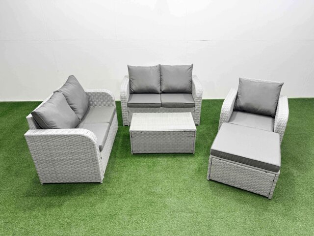 Fimous High Back Poly Rattan Garden Furniture Set with Reclining Chair Loveseat Sofa Rectangular Coffee Table Indoor Outdoor Patio Set Big Stool Light Grey