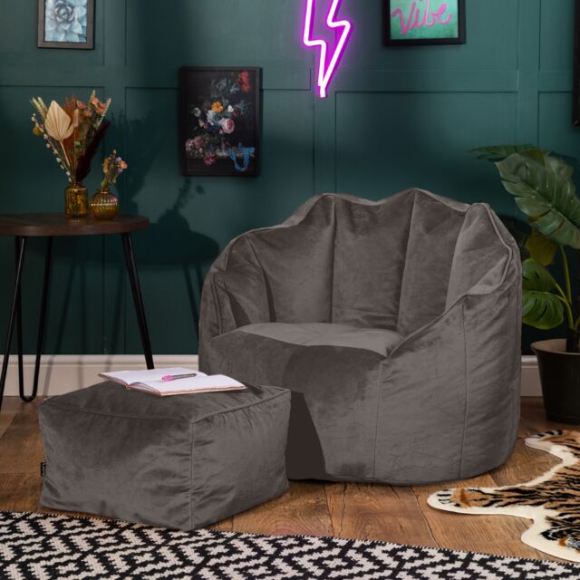 Sirena Scallop Chair Bean Bag and Footstool Charcoal Grey Velvet Bean Bags Grey Charcoal Grey L 2