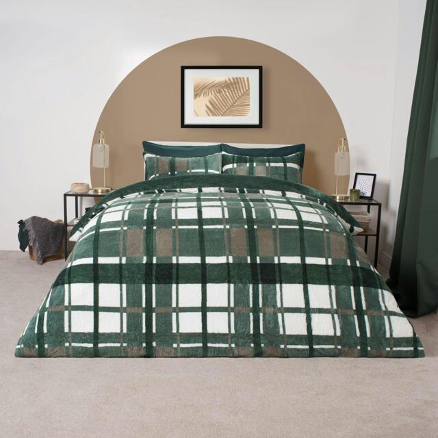 OHS Check Printed Teddy Fleece Duvet Cover and Pillowcase Set, King - Forest Green