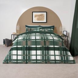OHS Check Printed Teddy Fleece Duvet Cover and Pillowcase Set, King - Forest Green