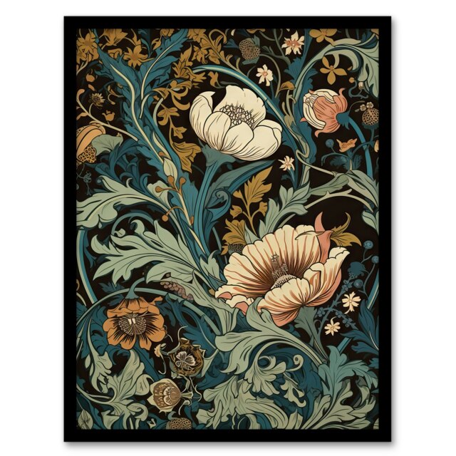 Flowers Leaves Modern Art Nouveau Detail Black Framed Wall Art Print A4