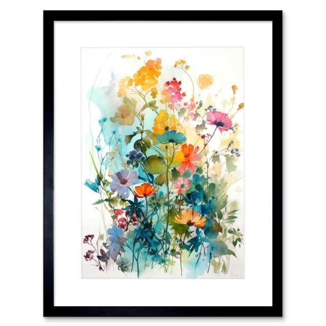 "Wild Flowers Watercolour Painting Rainbow 9x7"" Black Framed Wall Art Print"
