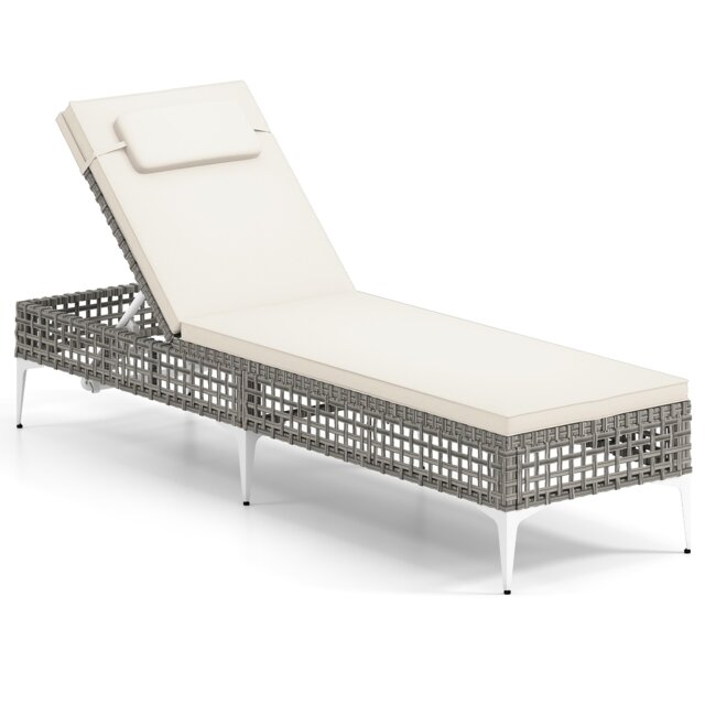 COSTWAY Rattan Sun Lounger 6-Level Adjustable Garden Chaise Lounge Chair-White