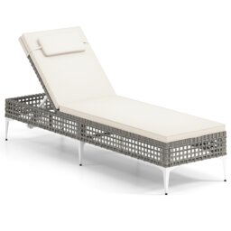 COSTWAY Rattan Sun Lounger 6-Level Adjustable Garden Chaise Lounge Chair-White