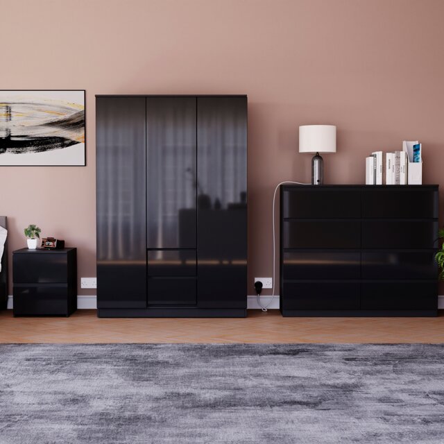 Vida Designs Glinton 3 Piece FSC Certified Bedroom Set (2 Drawer Bedside Chest, 8 Drawer Chest, 3 Door 2 Drawer Wardrobe), Black Black Black L 3