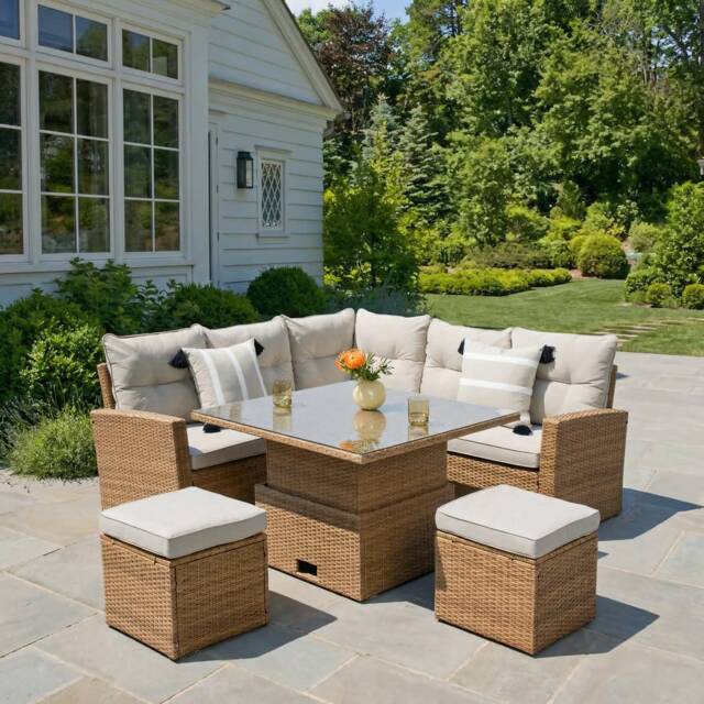 St. Tropez Garden Corner Sofa with Rising Glass Top Table, Brown Grey, 6 Seats, Outdoor Rattan Furniture Set with Cushions