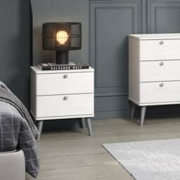 Augusta Curve 2 Drawer Bedside Cabinet - Solid Pine with White Wax Finish, Rounded Edges, Mid-Century Legs White White One Size 1