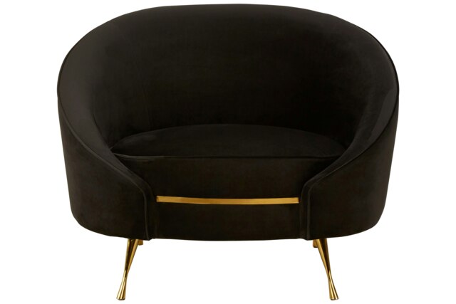 Orsina Black Velvet Armchair With Gold Finish Stainless Steel Legs, Luxe Curved Barrel Design Accent Chair