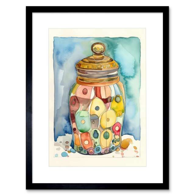 "Glass Cookie Jar Sweets Folk Art Watercolour Kitchen 9x7"" Black Framed Wall Art Print"