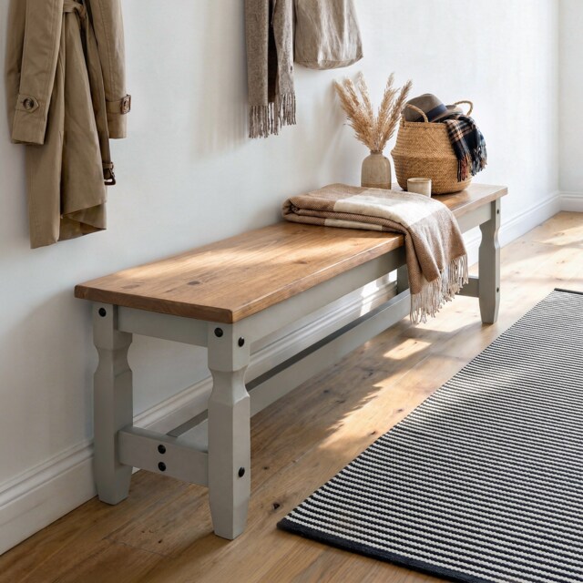 Mercers Furniture Corona Grey Wax 5'0 Dining Bench Long Seating Solid Wood Pine Wooden Hallway with Mexican Styling