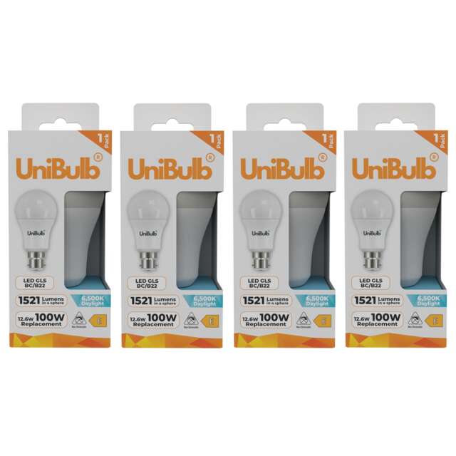 UniBulb LED GLS B22 Bayonet Cap (BC) 1521lm 12.6W (Replaces 100W) 6500K (Daylight) Light Bulb - Pack of 4