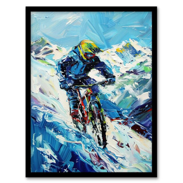 Snow Mountain Biker Snow Bike Race Sport Black Framed Wall Art Print A4