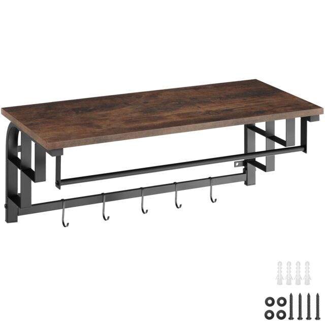 Coat Rack - wall mounted, storage shelf, hanging rail, 5 hooks Brown Industrial wood dark, rustic One Size 1