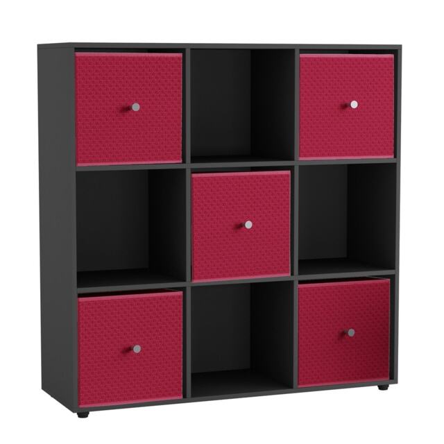 9 Cube Wooden Bookcase Shelving Unit with 5 Collapsible Fabric Drawers Multi Black & Fuchsia 1