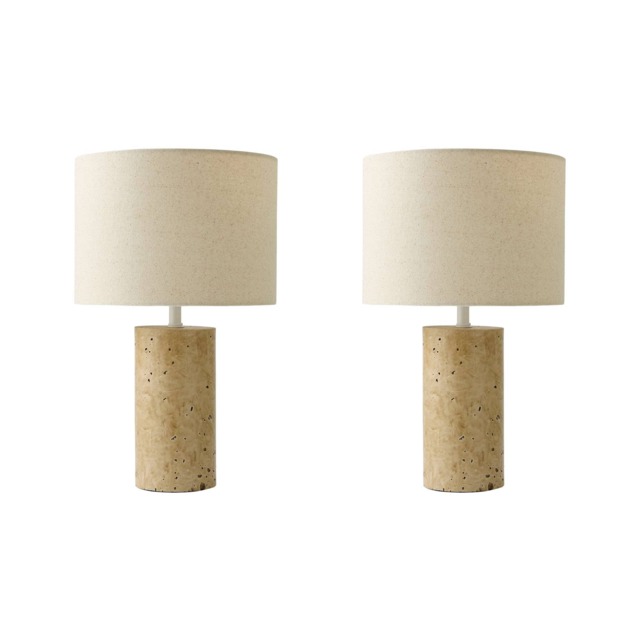 ValueLights Chloe Pair of Marble Effect Natural Table Lamps with Drum Shades & Bulbs Cream