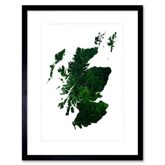 "Scotland Map Forest Trees Double Exposure Nature 9x7"" Black Framed Wall Art Print"
