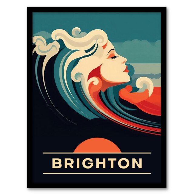 Brighton Beach England Sunset Woman Waves Black Framed Wall Art Print A4