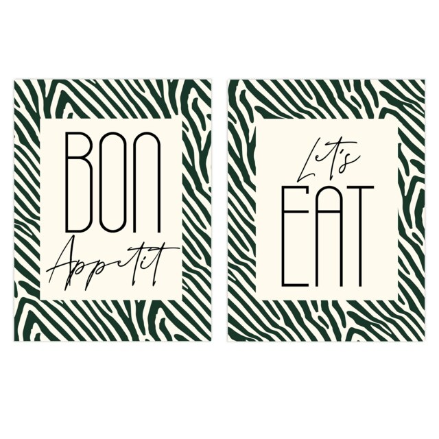 Set of 2 Bon Appetit Lets Eat Black White Zebra Stripes Kitchen Wall Art Print A4