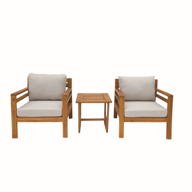 Direct Wicker 3 PCS Garden Bistro Set, Acacia Wood Outdoor Conversation Set for Patio Balcony Yard, Straight-Line Design