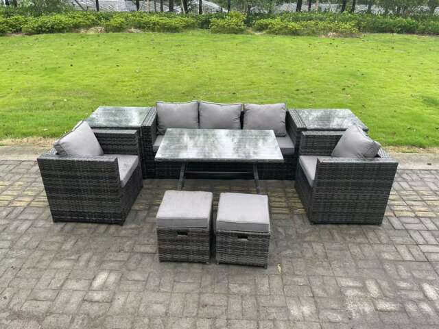 Fimous Rattan Outdoor Furniture Sofa Garden Dining Set with Dining Table 2 Armchairs 2 Side Tables Small Stools Dark Grey Mixed