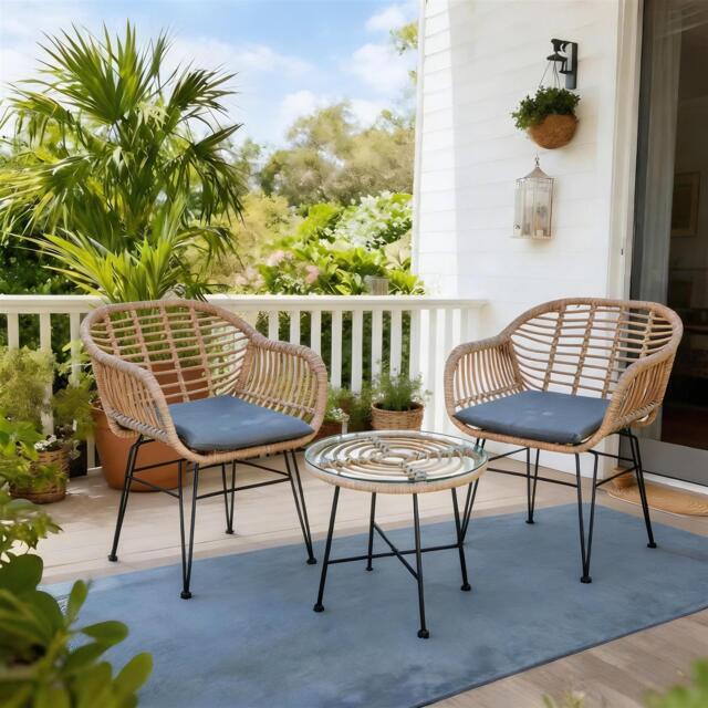 Bistro Set Natural Wicker Frame Black Steel Leg Glass Tabletop Outdoor Furniture