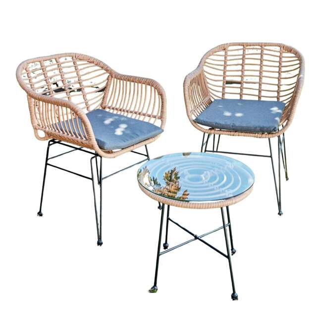 Bistro Set Natural Wicker Frame Black Steel Leg Glass Tabletop Outdoor Furniture